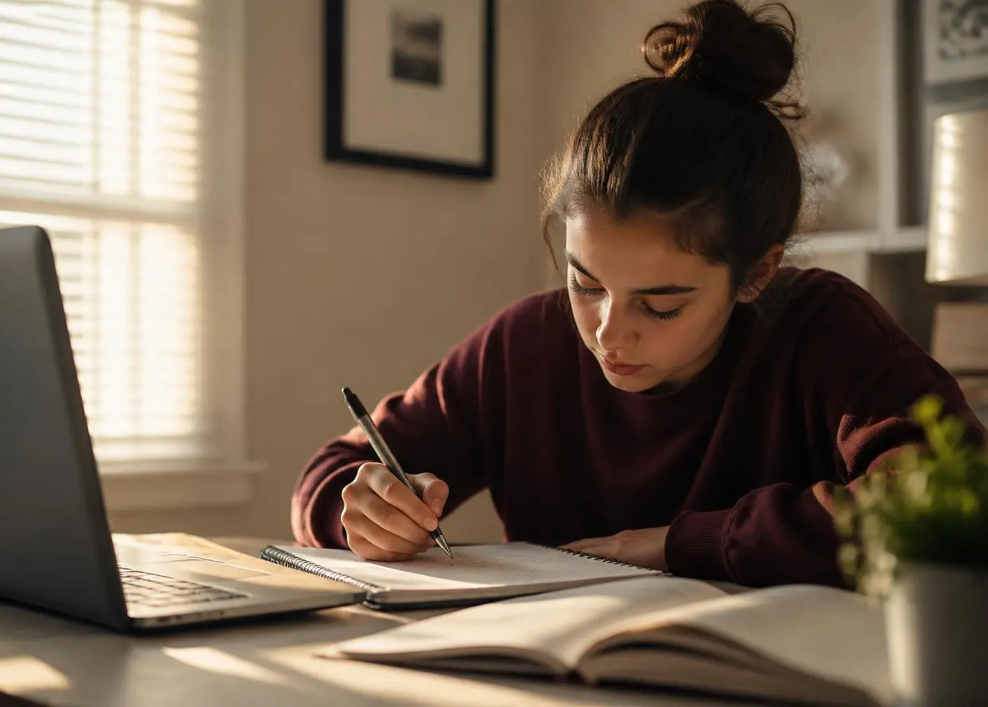 Adolescente estudando em casa com cadernos e notebook
